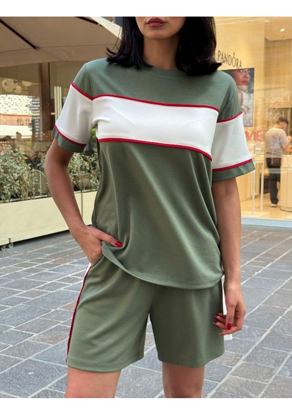 Kadın Kısa Kol Bisiklet Yaka Biye Detaylı Tshirt Şort Modal Kumaş Takım
