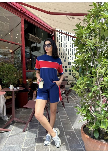 Kadın Kısa Kol Bisiklet Yaka Biye Detaylı Tshirt Şort Modal Kumaş Takım