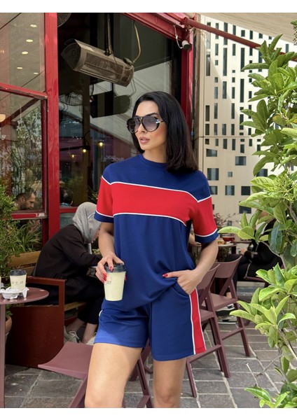 Kadın Kısa Kol Bisiklet Yaka Biye Detaylı Tshirt Şort Modal Kumaş Takım
