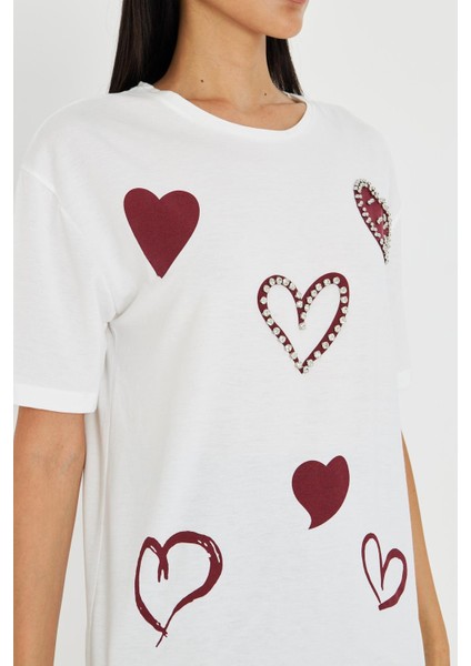 Çoklu Kalp Baskılı Taşlı T-Shirt modelleri