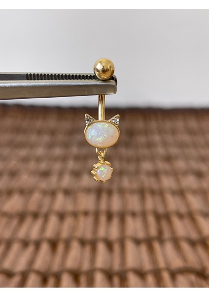 316 L Cerrahi Çelik Şık 10 mm Opal Taşlı Sallantılı Kedi Model Göbek Piercingi Opal