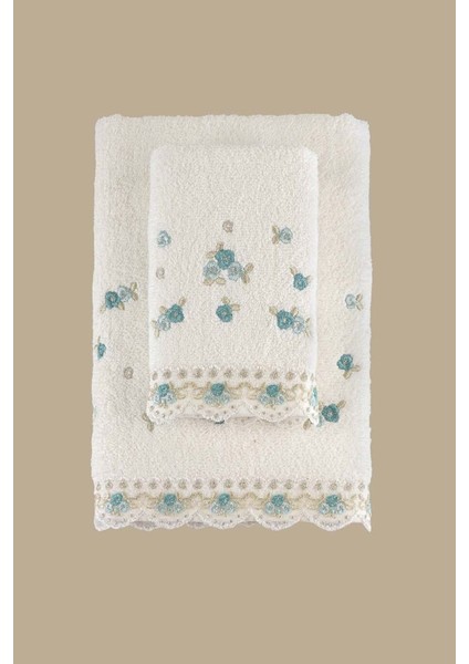 Yumuşak ve şık 2'li havlu seti, krem-mint renk, farklı boyutlarda, pamuklu materyal