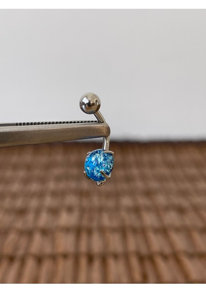 316 L Cerrahi Çelik Şık 10 mm Mavi Opal Taşlı Göbek Piercingi