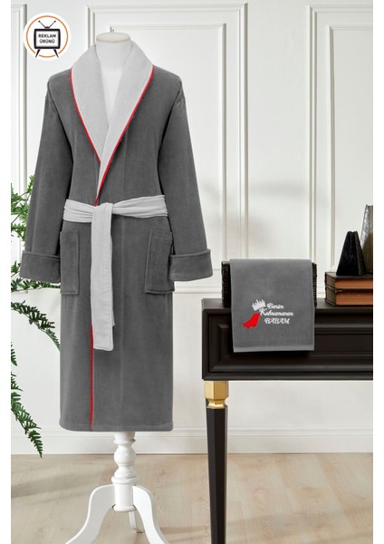 Kadife Erkek Bornoz Seti, Nakışlı, Rahat ve Şık, Pamuk, 2 Parça, Gri