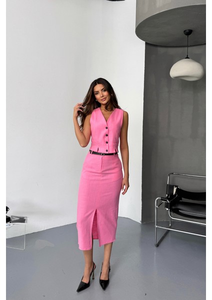 Yelek-Önden Yırtmaçlı Etek Tk Şantuk Keten - Pembe