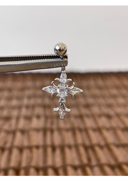 316 L Cerrahi Çelik Şık 10 mm Baget Taşlı Haç Model Göbek Piercingi