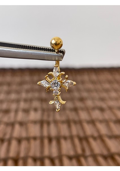 316 L Cerrahi Çelik Şık 10 mm Baget Taşlı Haç Model Göbek Piercingi