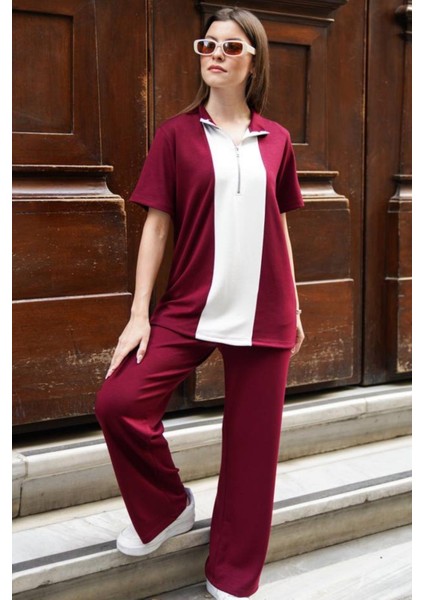 Kadın Yakalı Yarım Fermuarlı Kısa Kollu Üst Geniş Paça Pantolonlu Rahat Takım