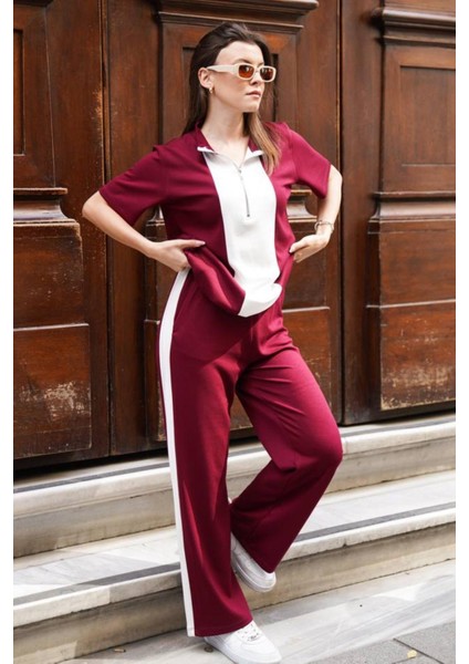 Kadın Yakalı Yarım Fermuarlı Kısa Kollu Üst Geniş Paça Pantolonlu Rahat Takım fiyatları