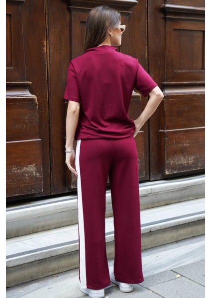 Kadın Yakalı Yarım Fermuarlı Kısa Kollu Üst Geniş Paça Pantolonlu Rahat Takım modelleri