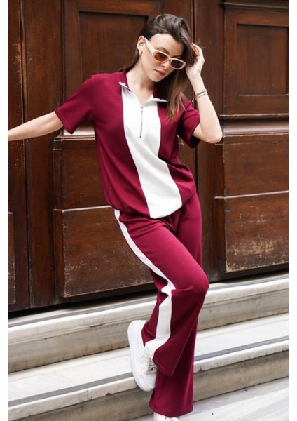 Kadın Yakalı Yarım Fermuarlı Kısa Kollu Üst Geniş Paça Pantolonlu Rahat Takım indirimleri