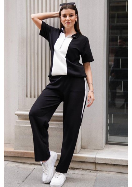 Kadın Yakalı Yarım Fermuarlı Kısa Kollu Üst Geniş Paça Pantolonlu Rahat Takım