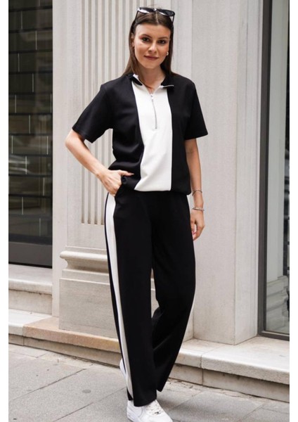 Kadın Yakalı Yarım Fermuarlı Kısa Kollu Üst Geniş Paça Pantolonlu Rahat Takım fiyatları
