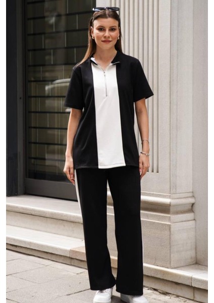 Kadın Yakalı Yarım Fermuarlı Kısa Kollu Üst Geniş Paça Pantolonlu Rahat Takım modelleri