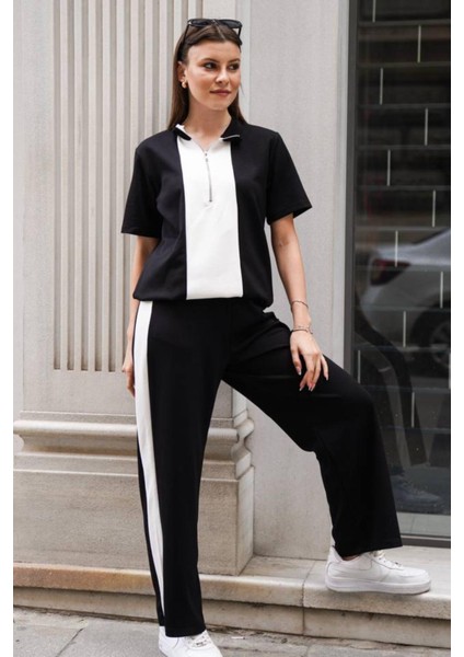 Kadın Yakalı Yarım Fermuarlı Kısa Kollu Üst Geniş Paça Pantolonlu Rahat Takım fırsatları