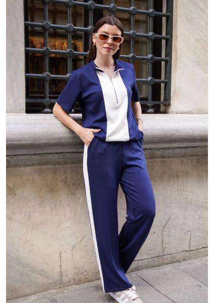 Kadın Yakalı Yarım Fermuarlı Kısa Kollu Üst Geniş Paça Pantolonlu Rahat Takım