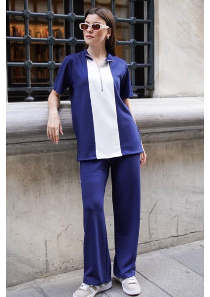 Kadın Yakalı Yarım Fermuarlı Kısa Kollu Üst Geniş Paça Pantolonlu Rahat Takım fiyatları