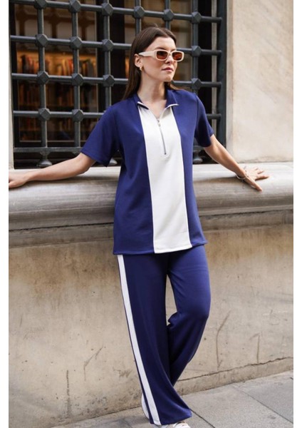 Kadın Yakalı Yarım Fermuarlı Kısa Kollu Üst Geniş Paça Pantolonlu Rahat Takım modelleri