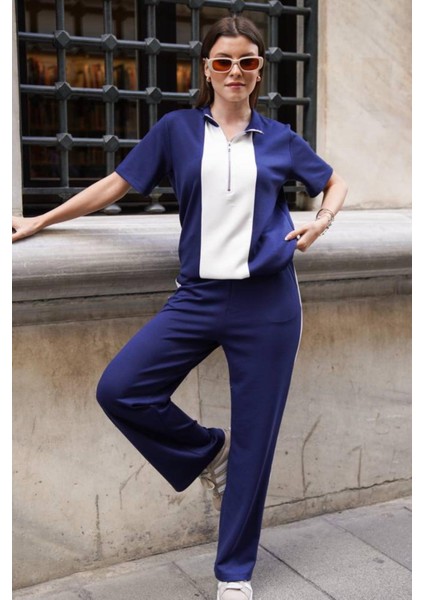 Kadın Yakalı Yarım Fermuarlı Kısa Kollu Üst Geniş Paça Pantolonlu Rahat Takım fırsatları