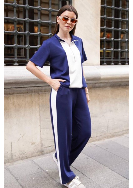 Kadın Yakalı Yarım Fermuarlı Kısa Kollu Üst Geniş Paça Pantolonlu Rahat Takım indirimleri