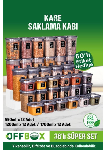 36'lı 72 Parça Kare Saklama Kabı Seti, 0,55-1,7 Litre, Gri, Etiket Hediyeli