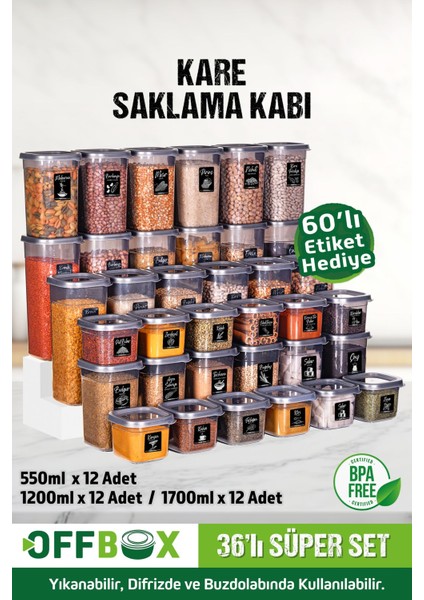 36'lı 72 Parça Kare Saklama Kabı Seti, 0,55-1,7 Litre, Gri, Etiket Hediyeli fiyatları