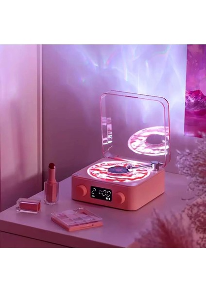 Waves Nostalji Plak Görünümlü Bluetooth Hoparlör 3D Ses Dalgası Retro Müzik Plak Pembe