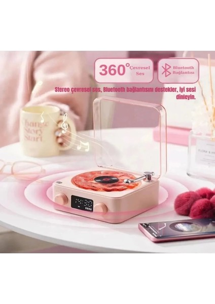 Waves Nostalji Plak Görünümlü Bluetooth Hoparlör 3D Ses Dalgası Retro Müzik Plak Pembe