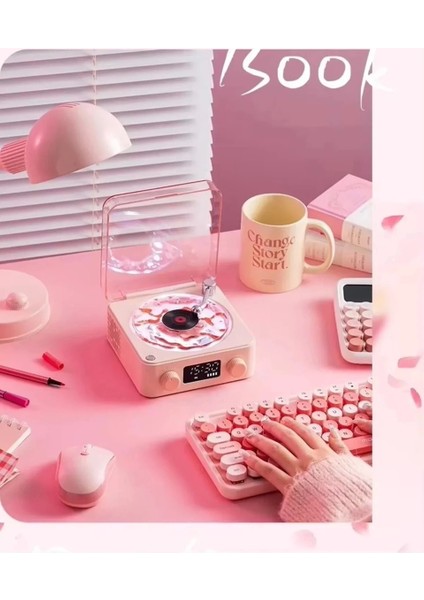 Waves Nostalji Plak Görünümlü Bluetooth Hoparlör 3D Ses Dalgası Retro Müzik Plak Pembe