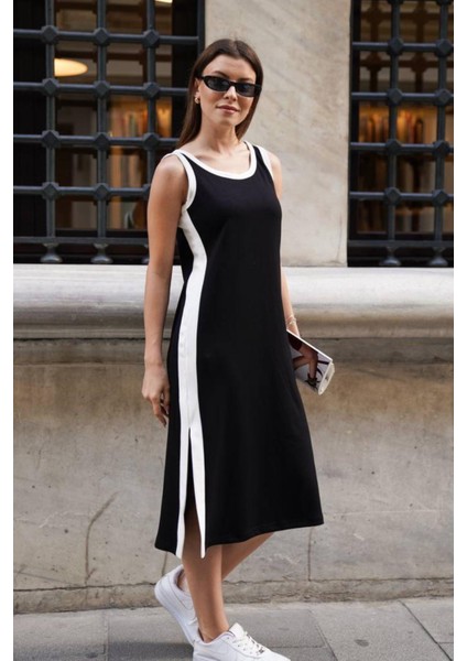 Kadın Beyaz Yan Şerit Detaylı Yuvarlak Yaka Kalın Askılı Midi Yırtmaçlı Modal Elbise