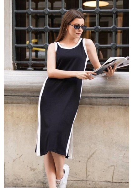 Kadın Beyaz Yan Şerit Detaylı Yuvarlak Yaka Kalın Askılı Midi Yırtmaçlı Modal Elbise fiyatları