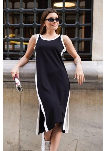 Kadın Beyaz Yan Şerit Detaylı Yuvarlak Yaka Kalın Askılı Midi Yırtmaçlı Modal Elbise modelleri