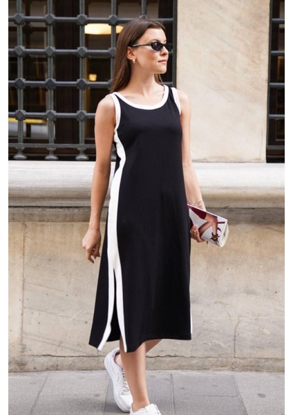 Kadın Beyaz Yan Şerit Detaylı Yuvarlak Yaka Kalın Askılı Midi Yırtmaçlı Modal Elbise fırsatları