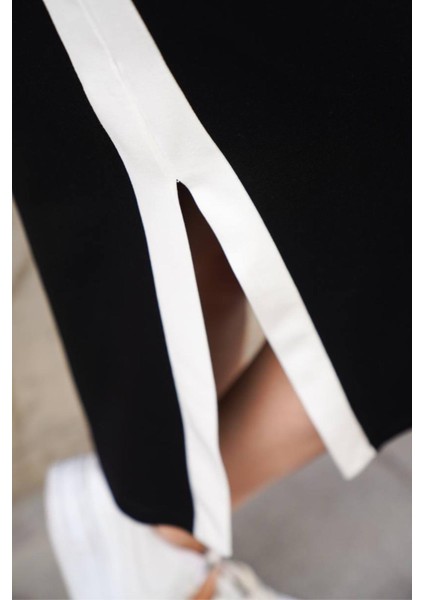 Kadın Beyaz Yan Şerit Detaylı Yuvarlak Yaka Kalın Askılı Midi Yırtmaçlı Modal Elbise indirimleri