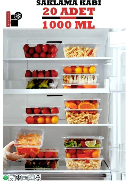 Şeffaf, kapaklı, 1 litrelik, sızdırmaz plastik saklama kabı, 20'li paket, turuncu