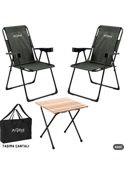 2 Adet Katlanır Kamp Sandalyesi ve Masa Seti - Rest - Taşıma Çantalı - Haki - 130 kg Taşıma