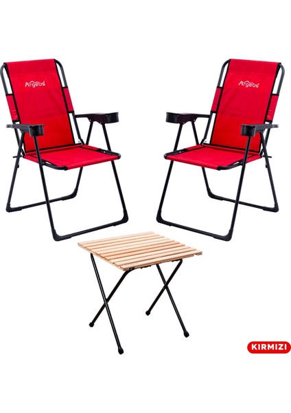 2 Adet Katlanır Kamp Sandalyesi ve Masa Seti - Rest - Kırmızı - 130 kg Taşıma