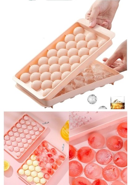 Kapaklı Yuvarlak Buz Kalıbı, 33 Hazneli, Kokteyl ve Sunum için Uygun, Plastik, 10x20 cm