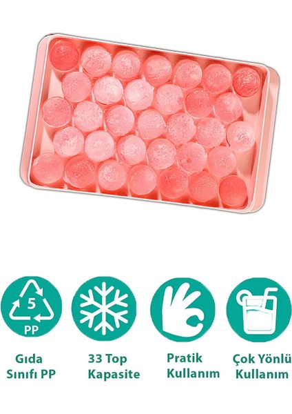 Kapaklı Yuvarlak Buz Kalıbı, 33 Hazneli, Kokteyl ve Sunum için Uygun, Plastik, 10x20 cm