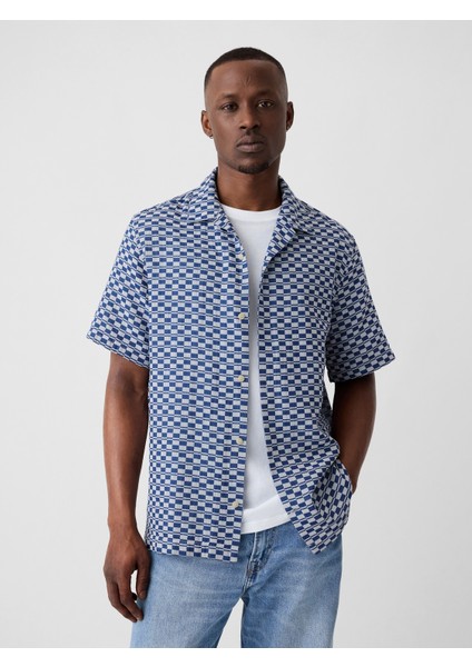 Erkek Mavi Desenli Patchwork Gömlek