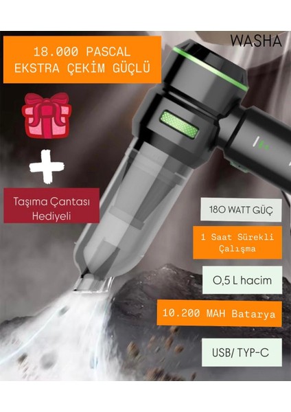 Güçlendirilmiş Batarya Mini Vakumlu Type C Şarjlı Araç El Süpürgesi Çok Fonksiyonlu 18000 Pa