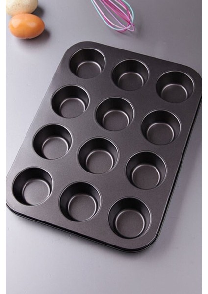 12'li Yapışmaz Kek ve Muffin Kalıbı, Siyah, Kolay Kullanım, Alüminyum, Tek Parça