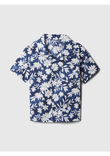 Erkek Bebek Mavi Çiçek Desenli Keten Karışımlı Vacay Gömlek