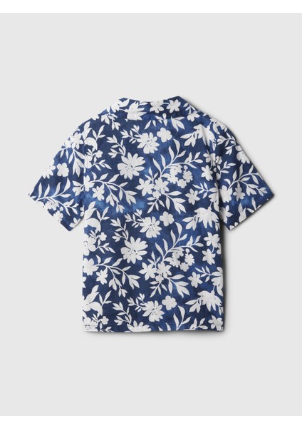 Erkek Bebek Mavi Çiçek Desenli Keten Karışımlı Vacay Gömlek modelleri