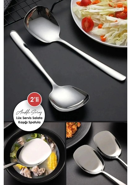 Paslanmaz Çelik 2'li Salata ve Yemek Kaşığı Seti, 21 cm, Gri