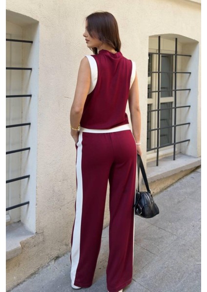 Kadın Kolsuz Şerit Detaylı Fermuarlı Kısa Yelek Geniş Paça Pantolon Ikili Spor Takım