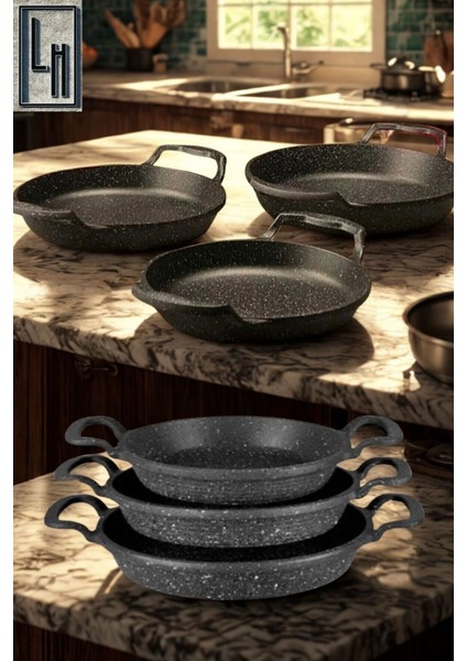 3'lü Granit Döküm Sahan ve Tava Seti, 18/20/22 cm, yapışmaz taban modelleri