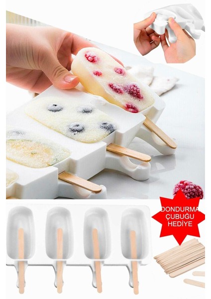 Büyük Boy Dondurma Kalıbı ve 50 Ahşap Çubuk, Pratik ve Çok Amaçlı 36x50 Silikon