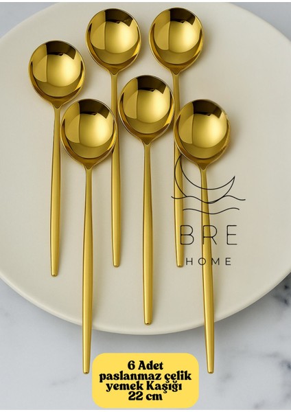 Altı adet gold renk paslanmaz çelik titanyum kaplama yemek kaşığı seti
