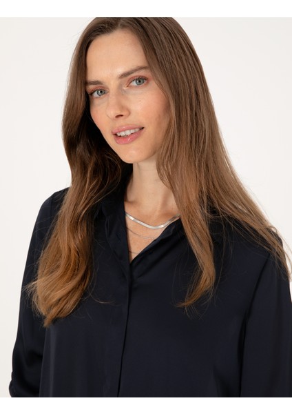 Kadın Lacivert Comfort Fit Saten Uzun Kollu Gömlek 50313588-VR033 fiyatları